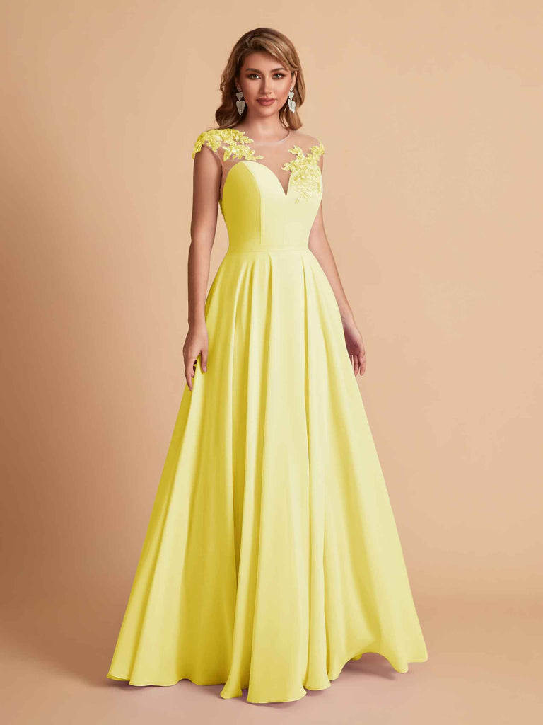 robes d'invitées de mariage en mousseline haut en dentelle illusion col en V
