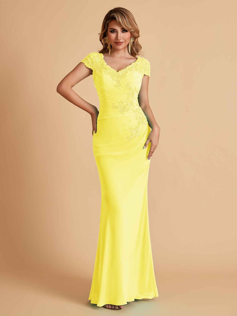 Robe de mère de la mariée col en V élégante en mousseline manches courtes
