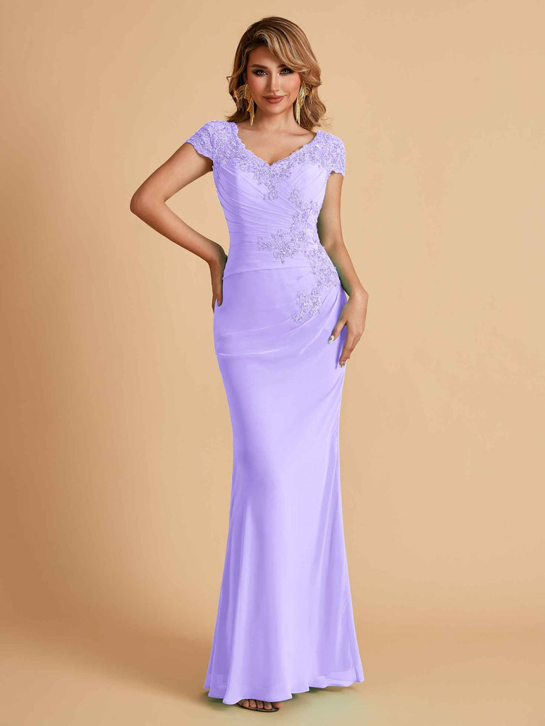 Robe de mère de la mariée col en V élégante en mousseline manches courtes