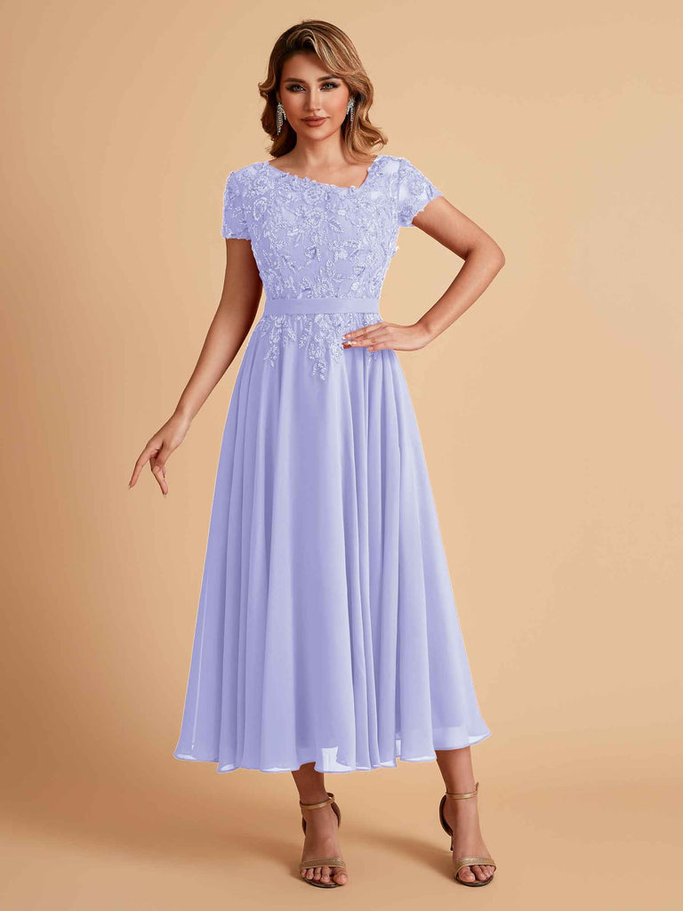Robes de mère de la mariée coupe trapèze en mousseline à manches courtes