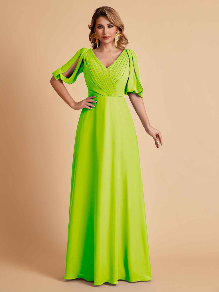 Robes de mère de la mariée élégantes en mousseline de soie manches mi-longues et col en V
