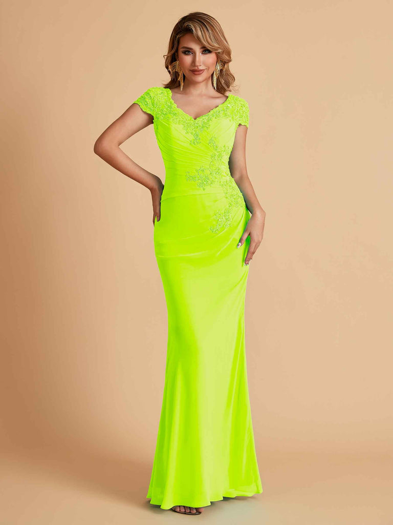 Robe de mère de la mariée col en V élégante en mousseline manches courtes