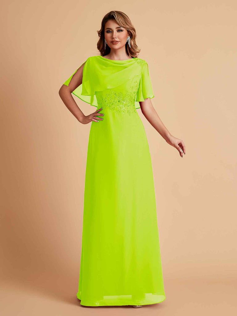 Robes de mère de la mariée en mousseline de soie manches mi-longues et bijoux