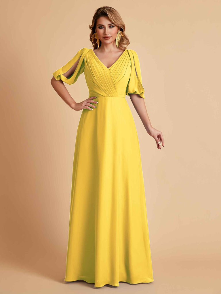 Robes de mère de la mariée élégantes en mousseline de soie manches mi-longues et col en V