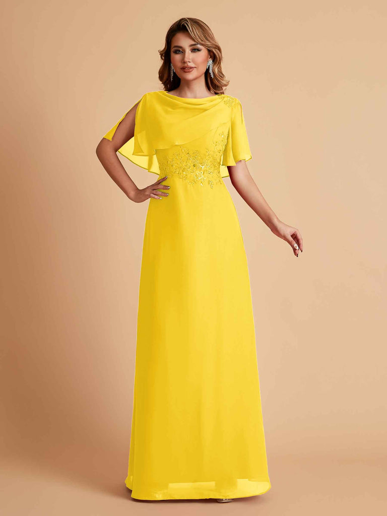 Robes de mère de la mariée en mousseline de soie manches mi-longues et bijoux
