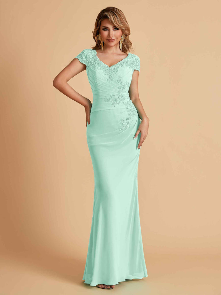 Robe de mère de la mariée col en V élégante en mousseline manches courtes