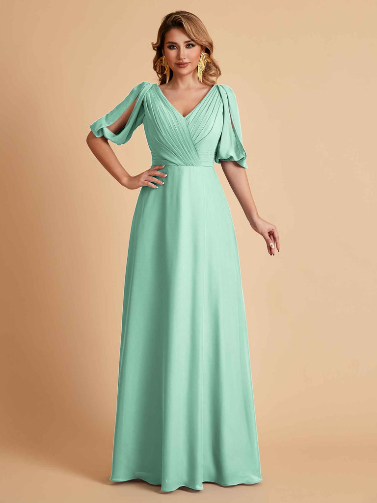 Robes de mère de la mariée élégantes en mousseline de soie manches mi-longues et col en V