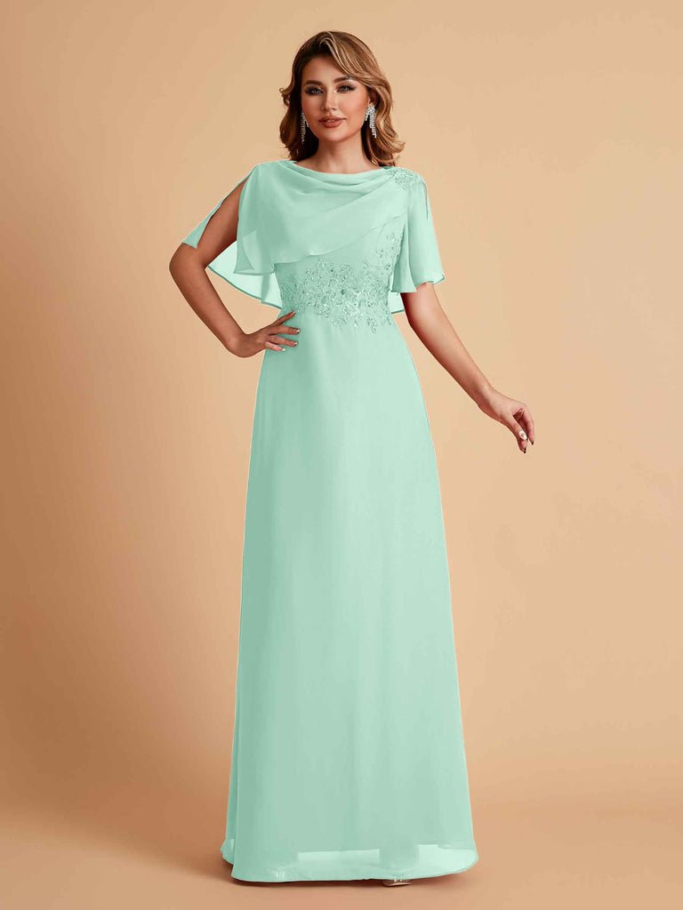 Robes de mère de la mariée en mousseline de soie manches mi-longues et bijoux
