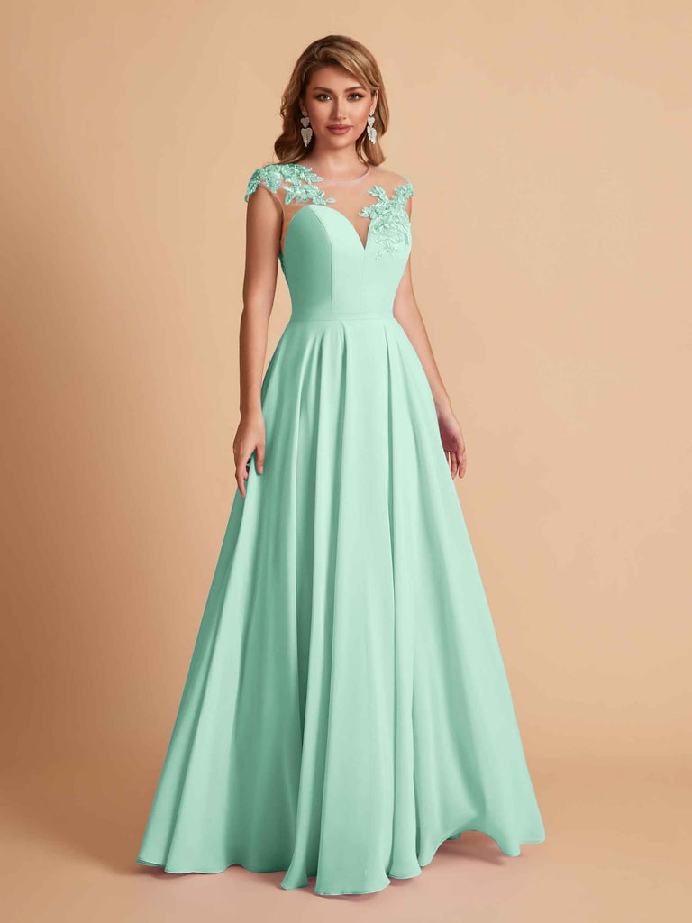 robes d'invitées de mariage en mousseline haut en dentelle illusion col en V