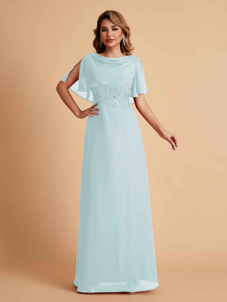 Robes de mère de la mariée en mousseline de soie manches mi-longues et bijoux