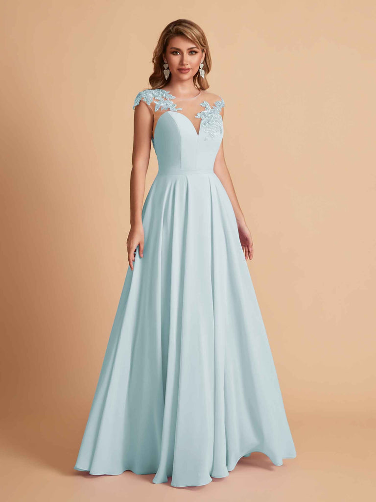 robes d'invitées de mariage en mousseline haut en dentelle illusion col en V