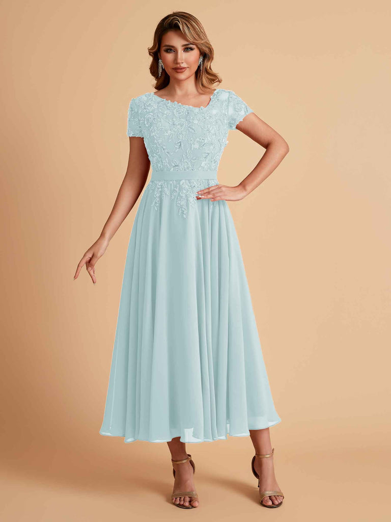 Robes de mère de la mariée coupe trapèze en mousseline à manches courtes