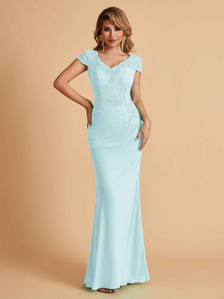 Robe de mère de la mariée col en V élégante en mousseline manches courtes