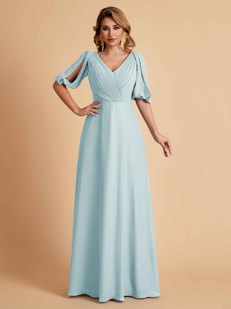 Robes de mère de la mariée élégantes en mousseline de soie manches mi-longues et col en V