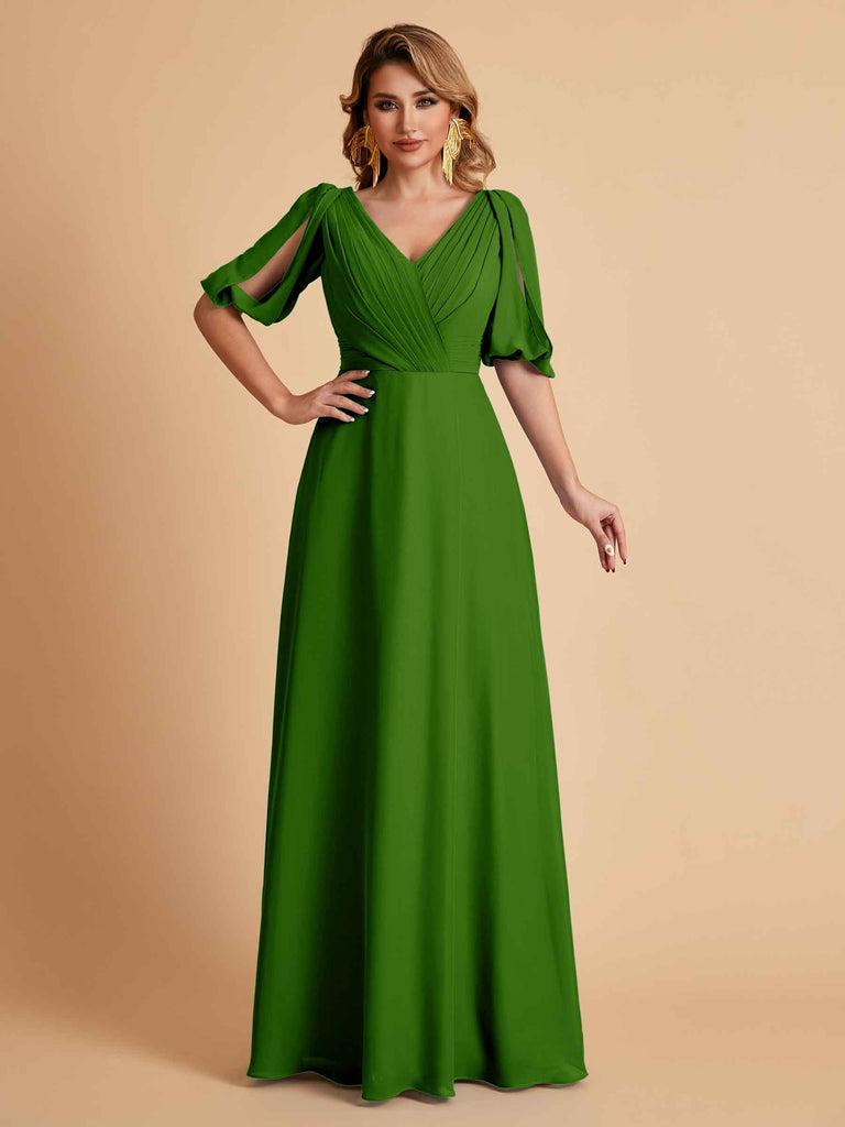 Robes de mère de la mariée élégantes en mousseline de soie manches mi-longues et col en V