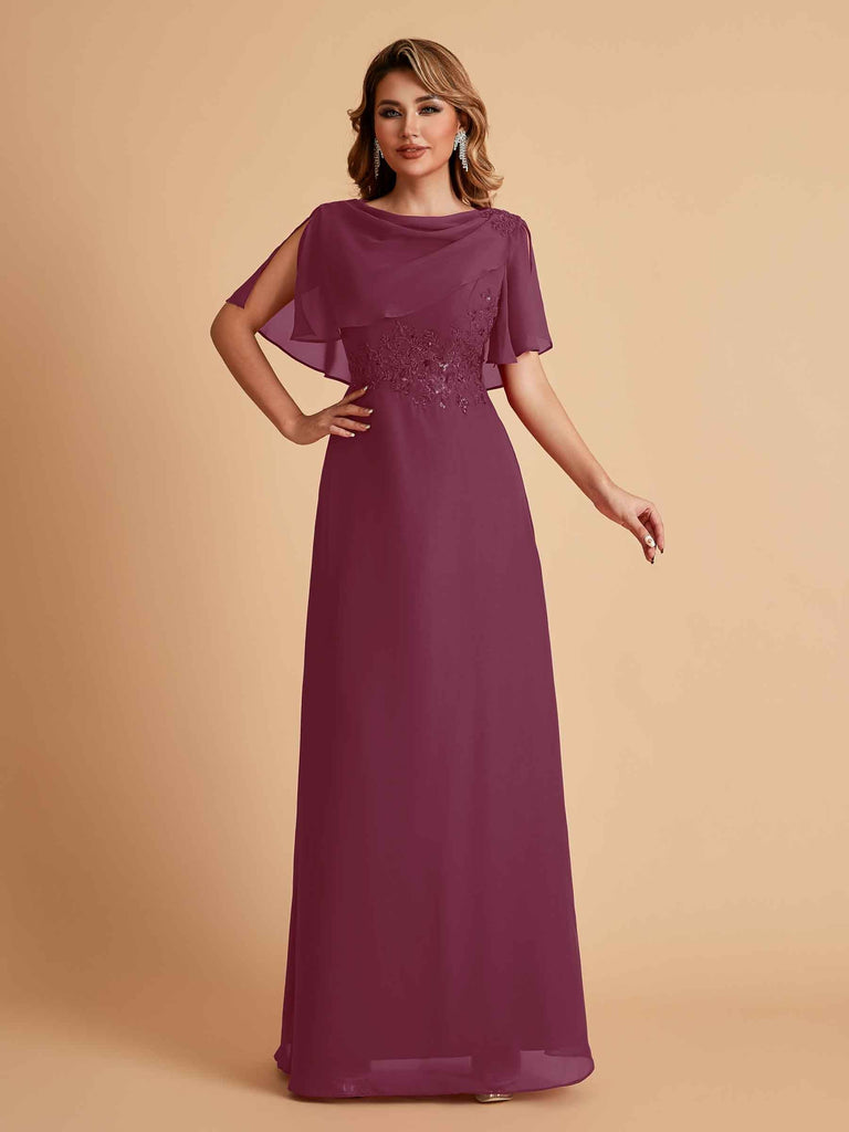 Robes de mère de la mariée en mousseline de soie manches mi-longues et bijoux