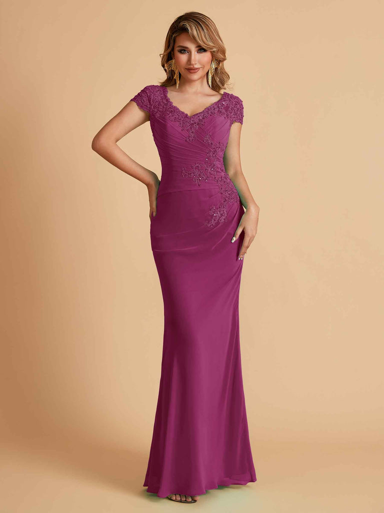 Robe de mère de la mariée col en V élégante en mousseline manches courtes