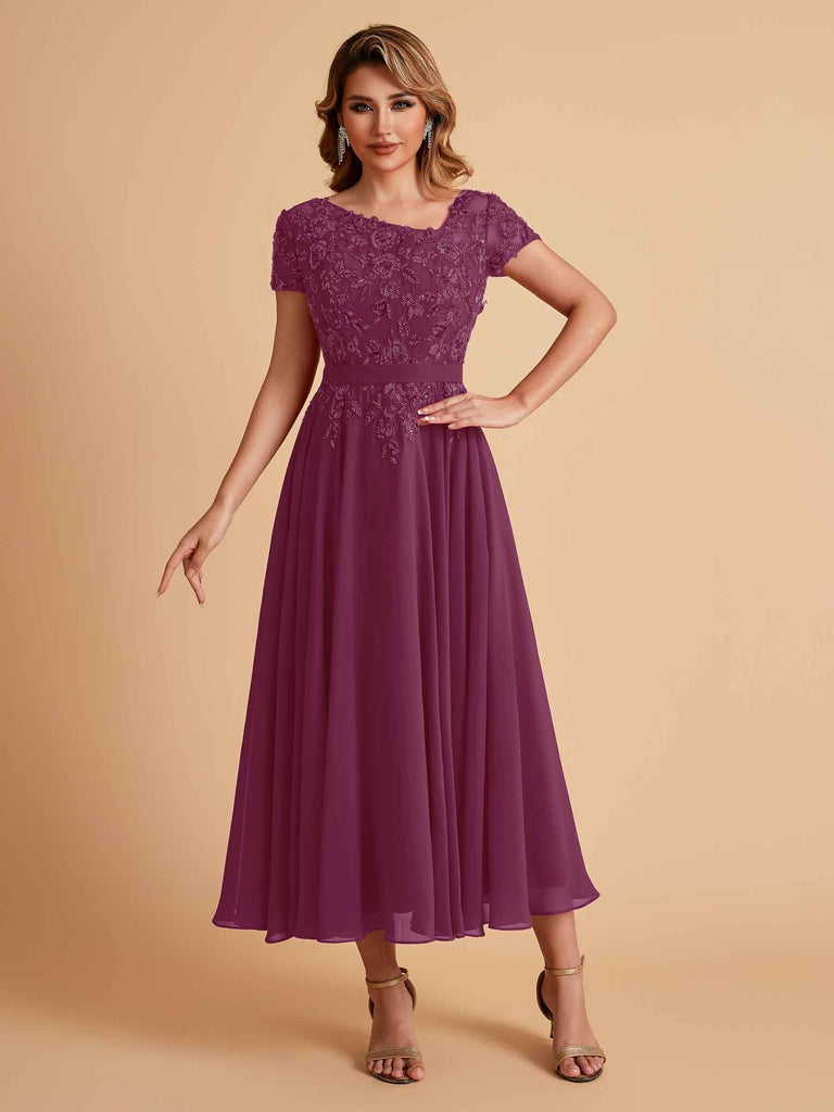 Robes de mère de la mariée coupe trapèze en mousseline à manches courtes