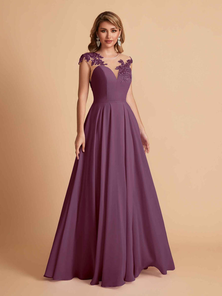 robes d'invitées de mariage en mousseline haut en dentelle illusion col en V