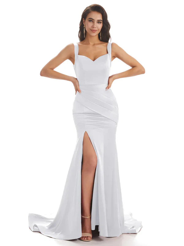 Robes de demoiselle d'honneur longues satin doux sirène blanc