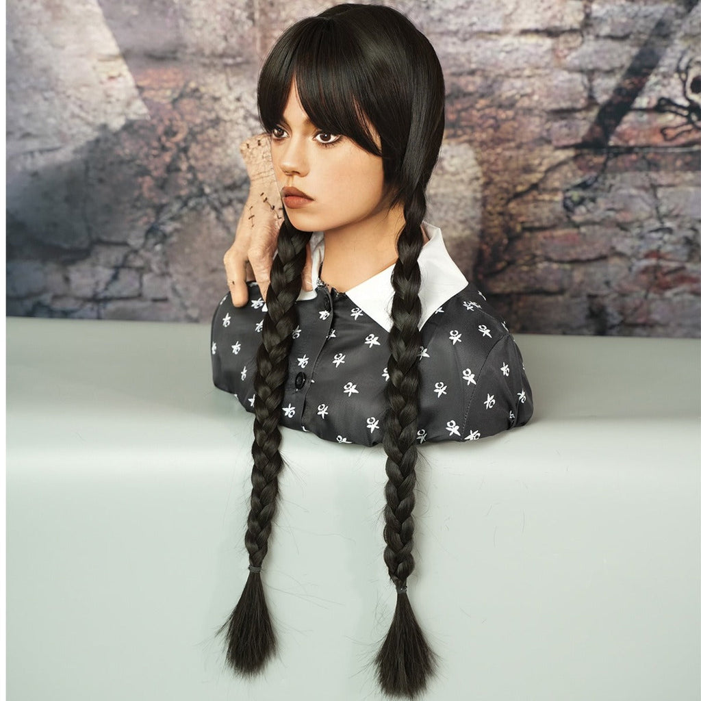Mercredi Addams perruque tressée perruques noires avec bang pour costume de fête d'Halloween cheveux naturels pour cosplay