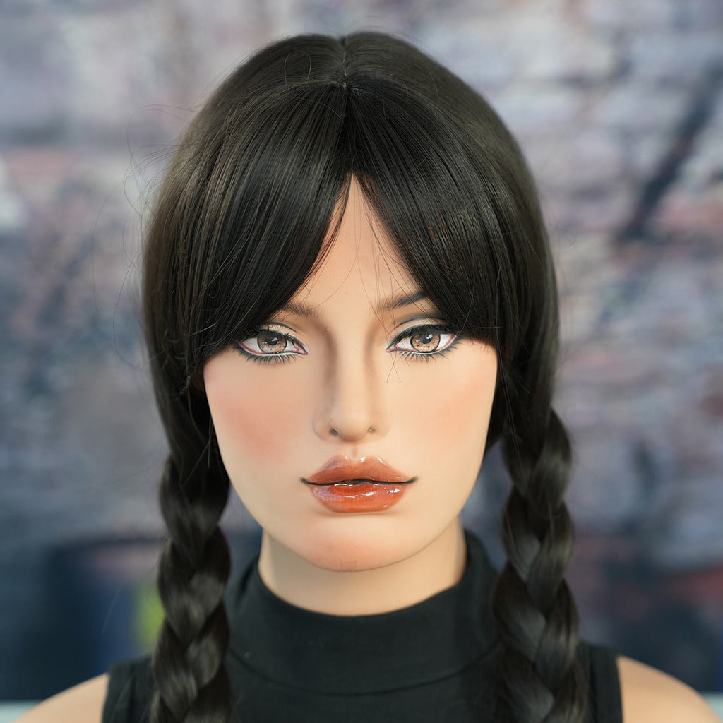Mercredi Addams perruque tressée perruques noires avec bang pour costume de fête d'Halloween cheveux naturels pour cosplay