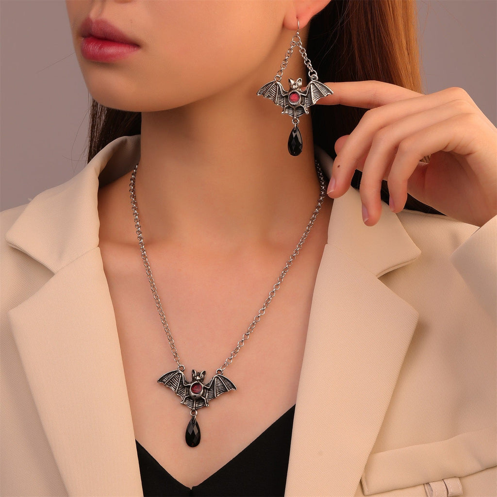 Halloween new dark gothic style exaggerated red water drop bat earrings cross pendant necklace set trend