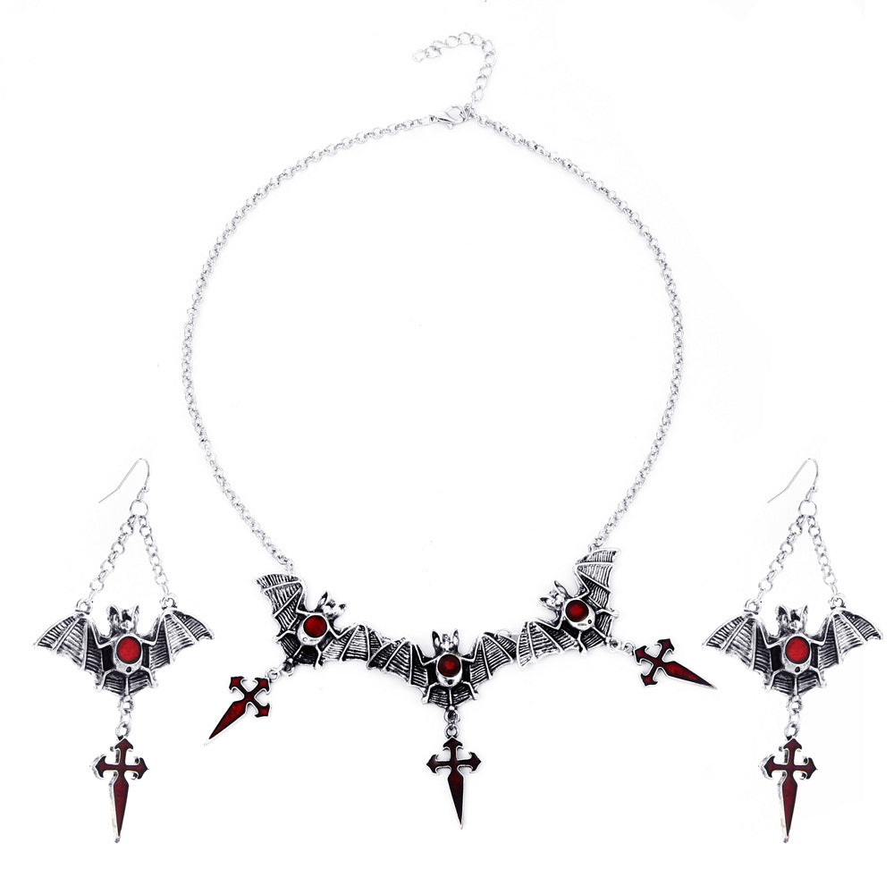 Halloween new dark gothic style exaggerated red water drop bat earrings cross pendant necklace set trend