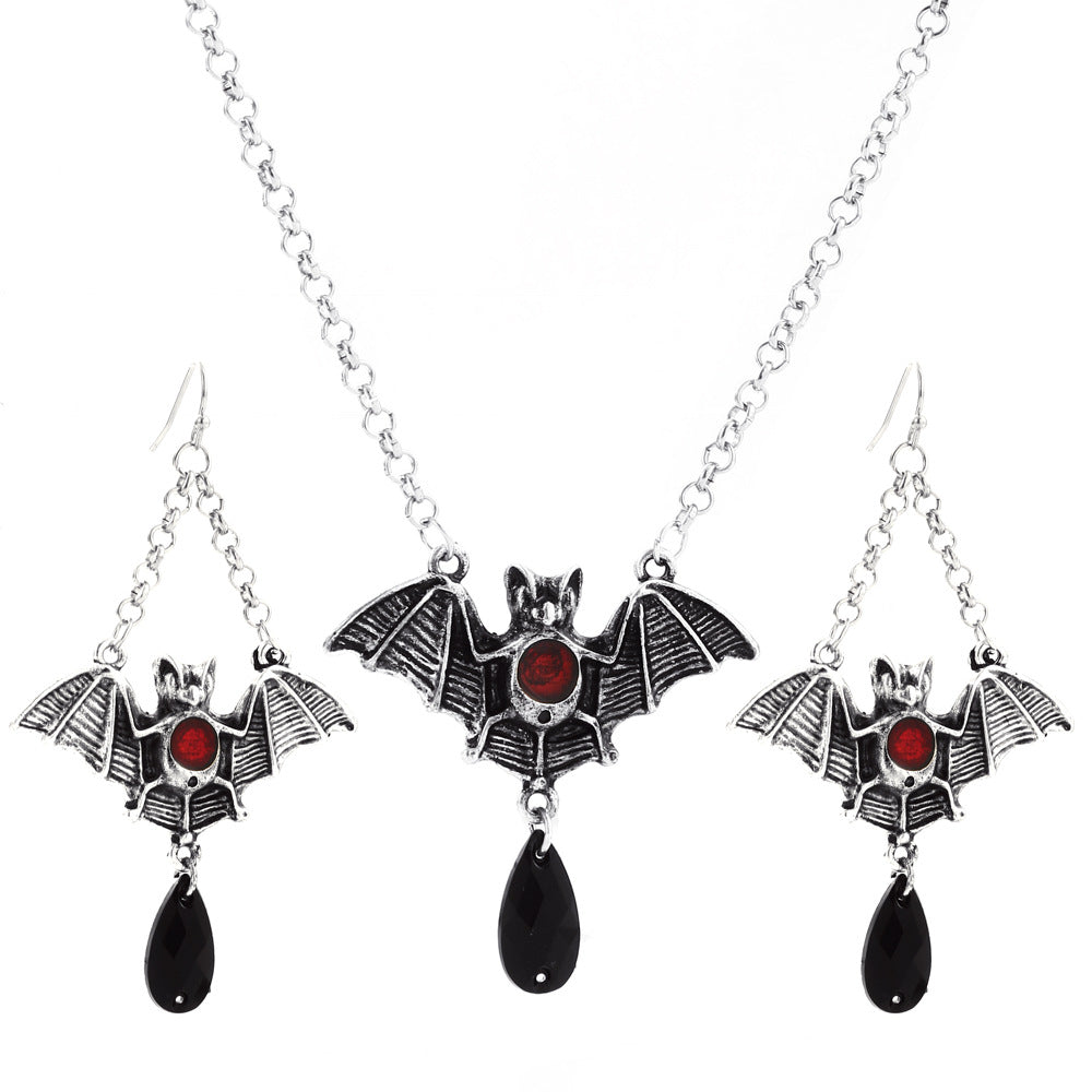 Halloween new dark gothic style exaggerated red water drop bat earrings cross pendant necklace set trend