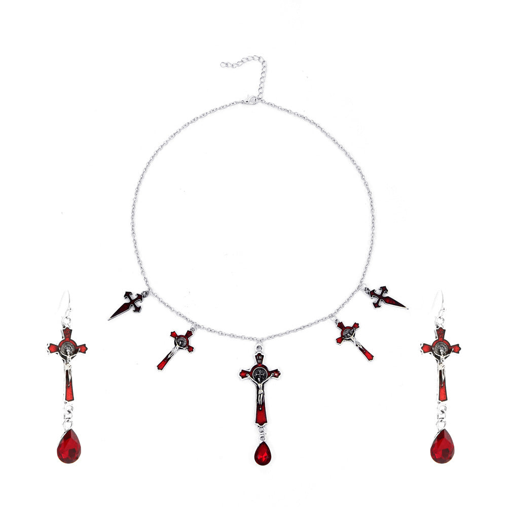 Halloween new dark gothic style exaggerated red water drop bat earrings cross pendant necklace set trend