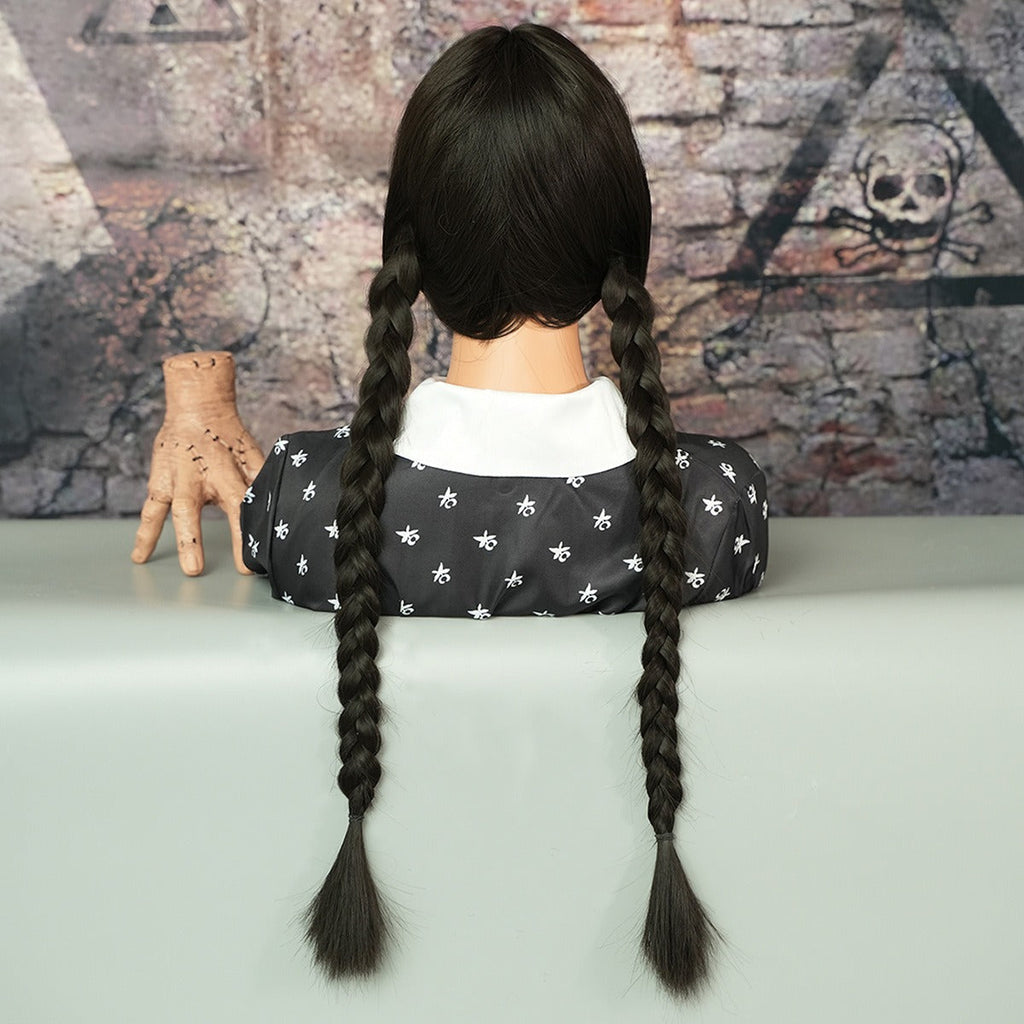 Mercredi Addams perruque tressée perruques noires avec bang pour costume de fête d'Halloween cheveux naturels pour cosplay
