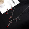 Halloween new dark gothic style exaggerated red water drop bat earrings cross pendant necklace set trend