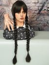 Mercredi Addams perruque tressée perruques noires avec bang pour costume de fête d'Halloween cheveux naturels pour cosplay