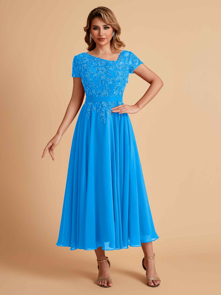 Robes de mère de la mariée coupe trapèze en mousseline à manches courtes