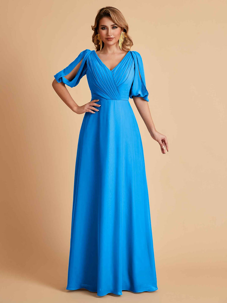 Robes de mère de la mariée élégantes en mousseline de soie manches mi-longues et col en V