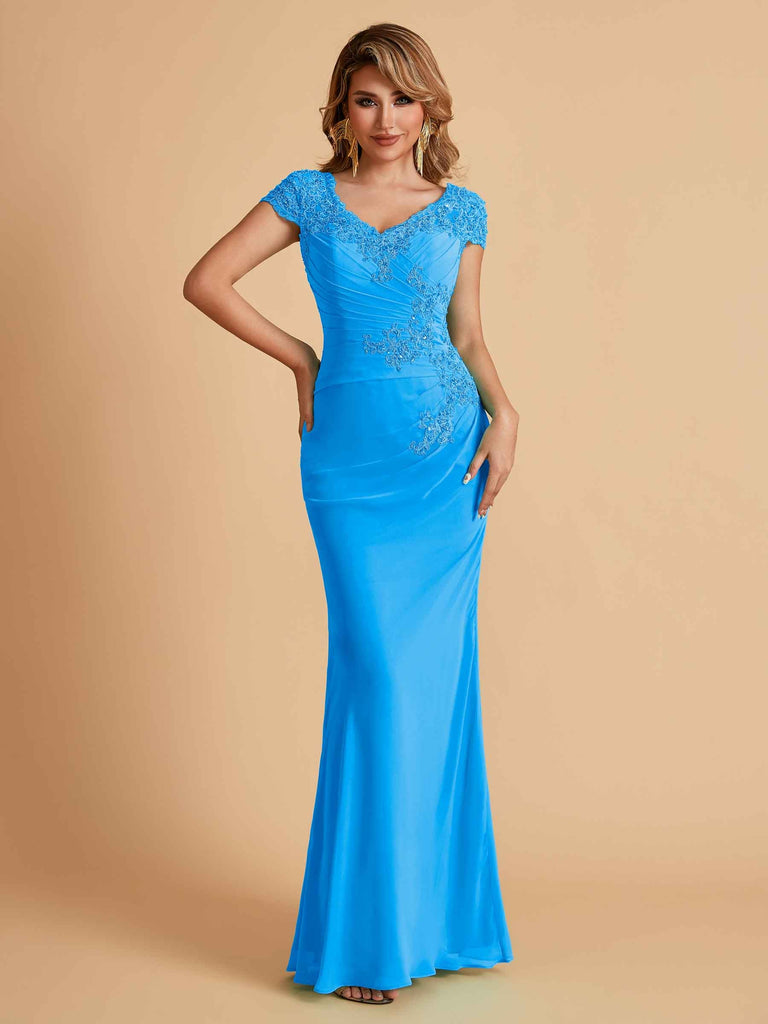 Robe de mère de la mariée col en V élégante en mousseline manches courtes