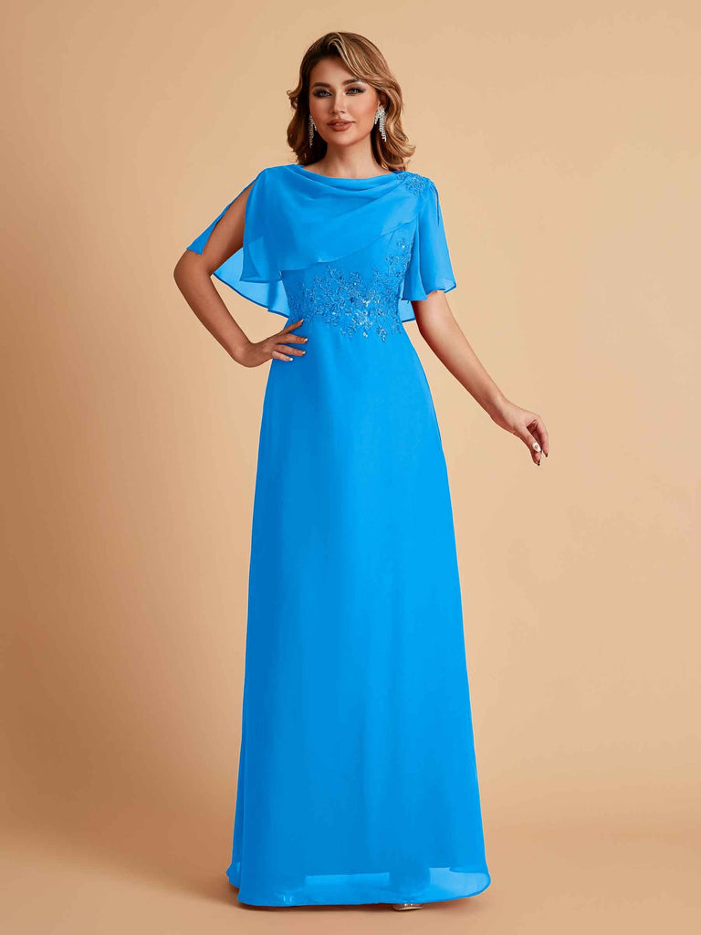 Robes de mère de la mariée en mousseline de soie manches mi-longues et bijoux