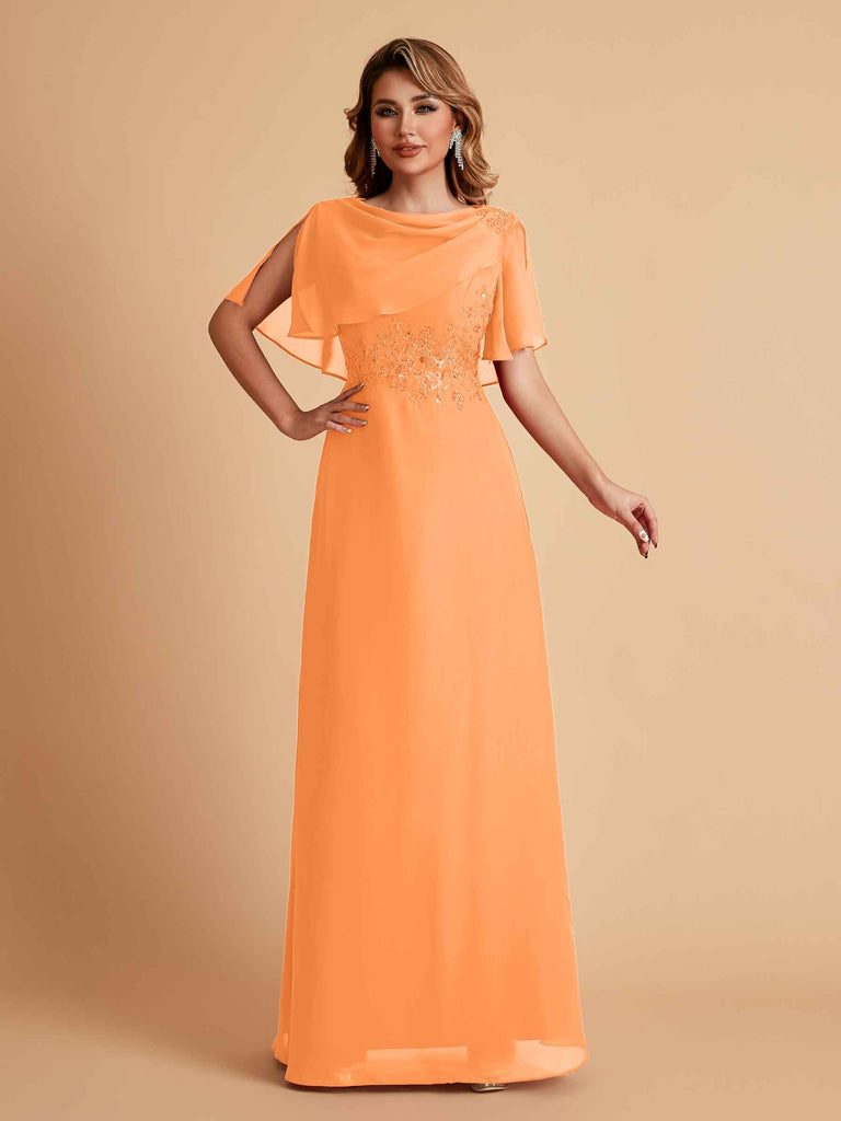 Robes de mère de la mariée en mousseline de soie manches mi-longues et bijoux