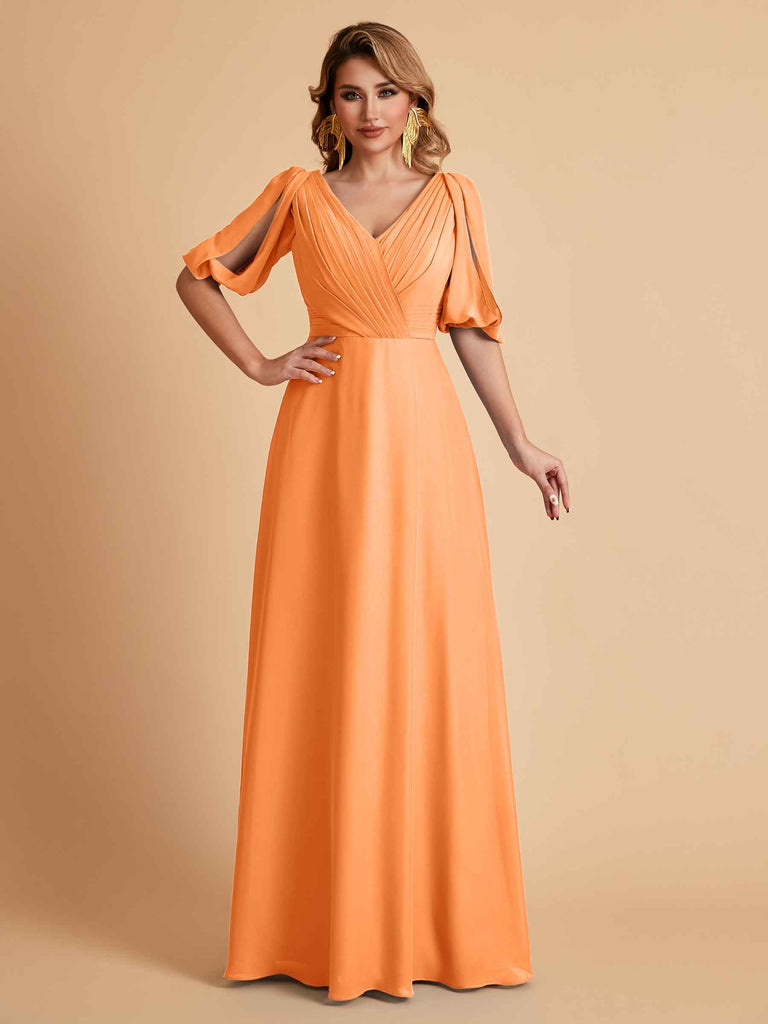 Robes de mère de la mariée élégantes en mousseline de soie manches mi-longues et col en V