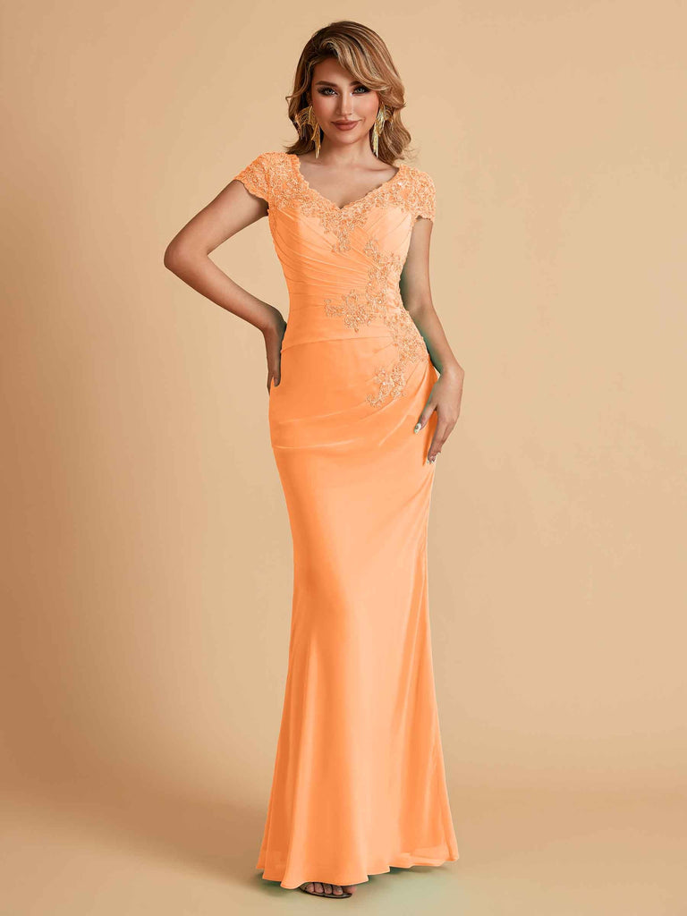 Robe de mère de la mariée col en V élégante en mousseline manches courtes
