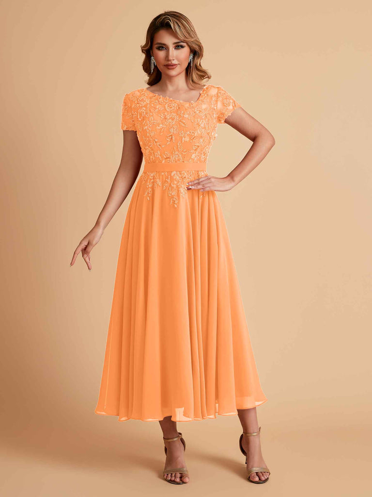 Robes de mère de la mariée coupe trapèze en mousseline à manches courtes