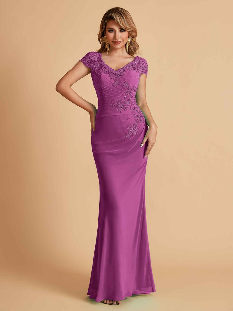 Robe de mère de la mariée col en V élégante en mousseline manches courtes