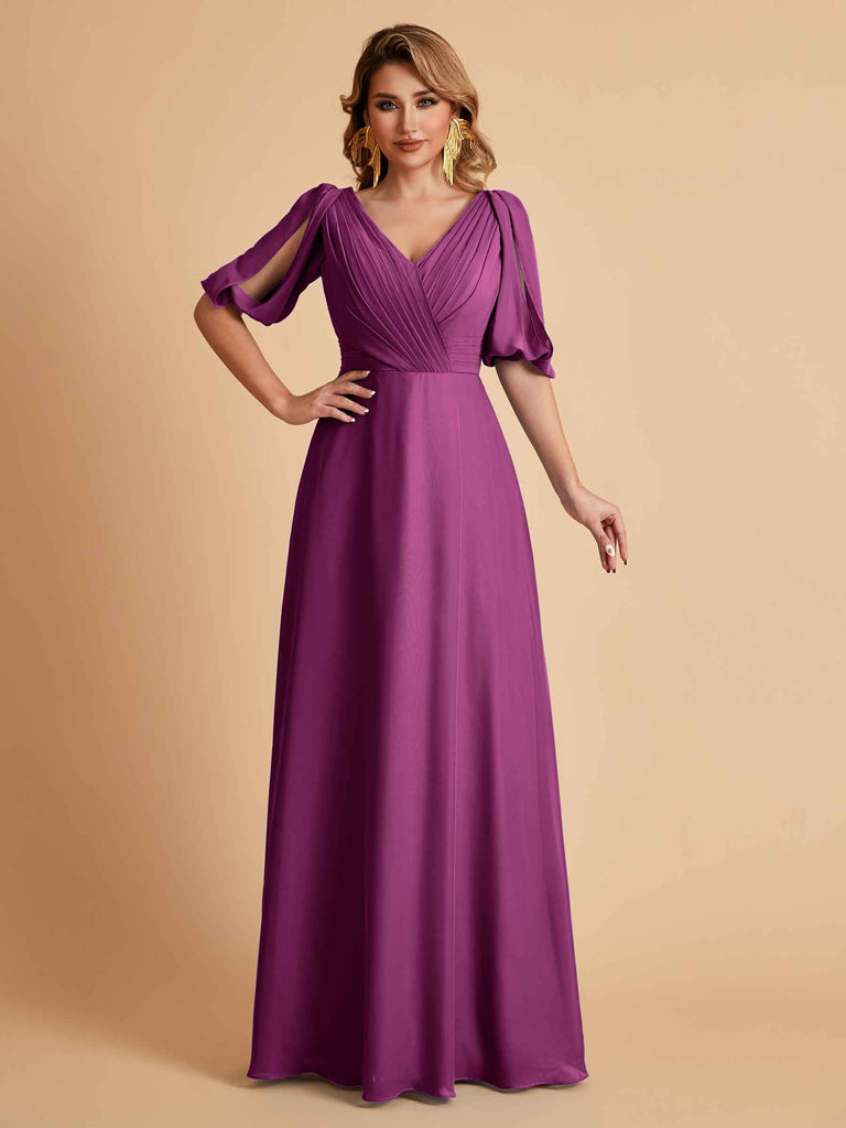Robes de mère de la mariée élégantes en mousseline de soie manches mi-longues et col en V