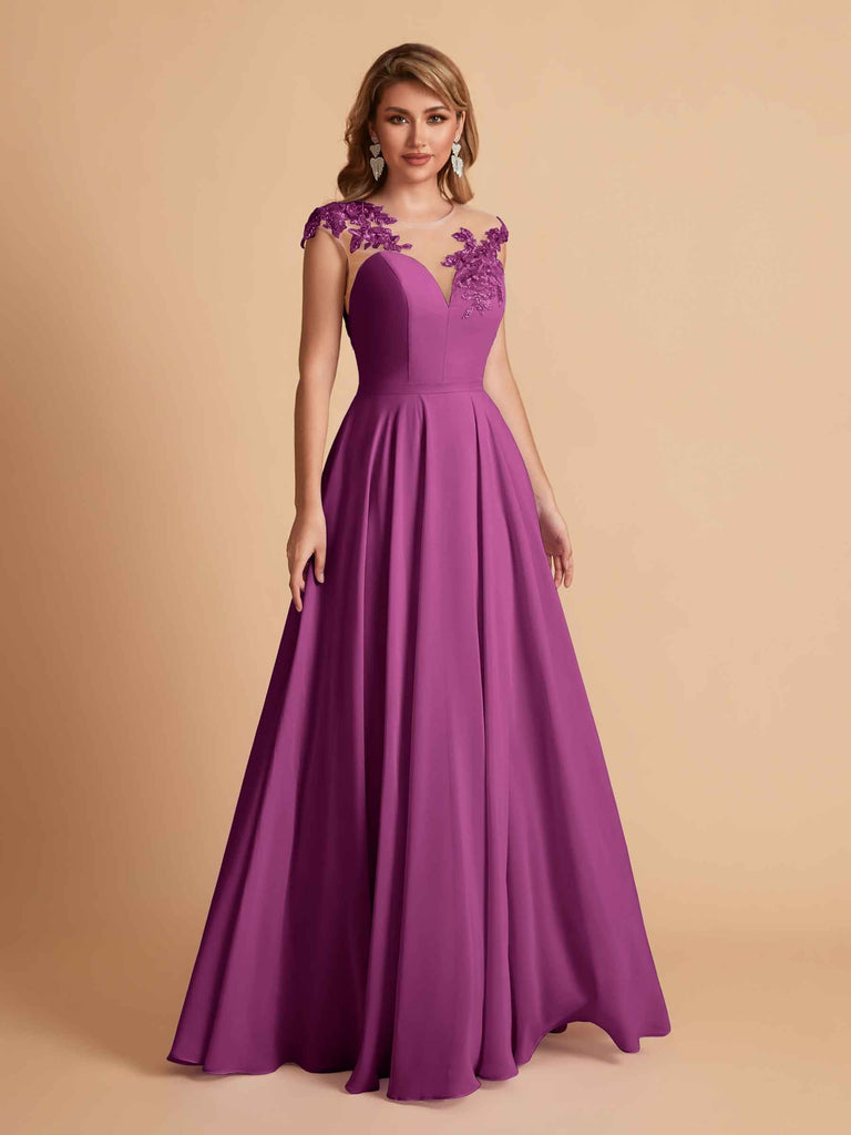 robes d'invitées de mariage en mousseline haut en dentelle illusion col en V