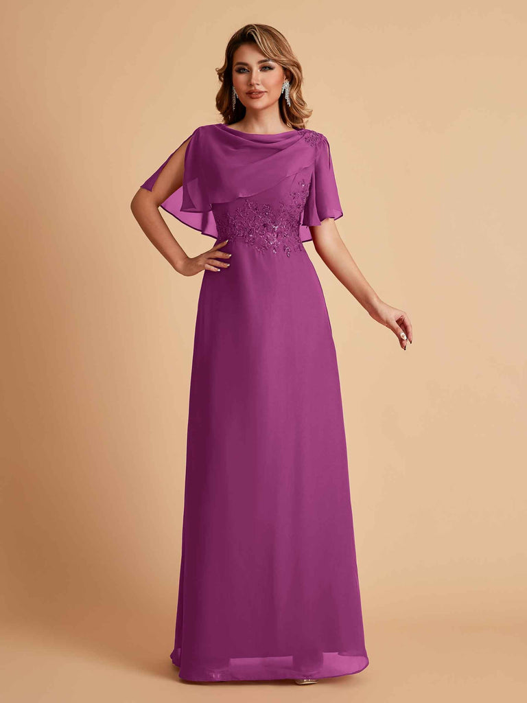 Robes de mère de la mariée en mousseline de soie manches mi-longues et bijoux