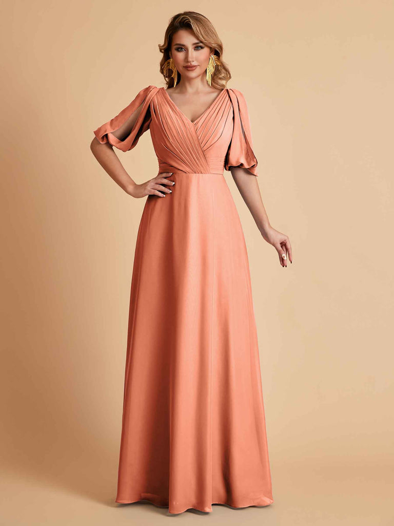 Robes de mère de la mariée élégantes en mousseline de soie manches mi-longues et col en V