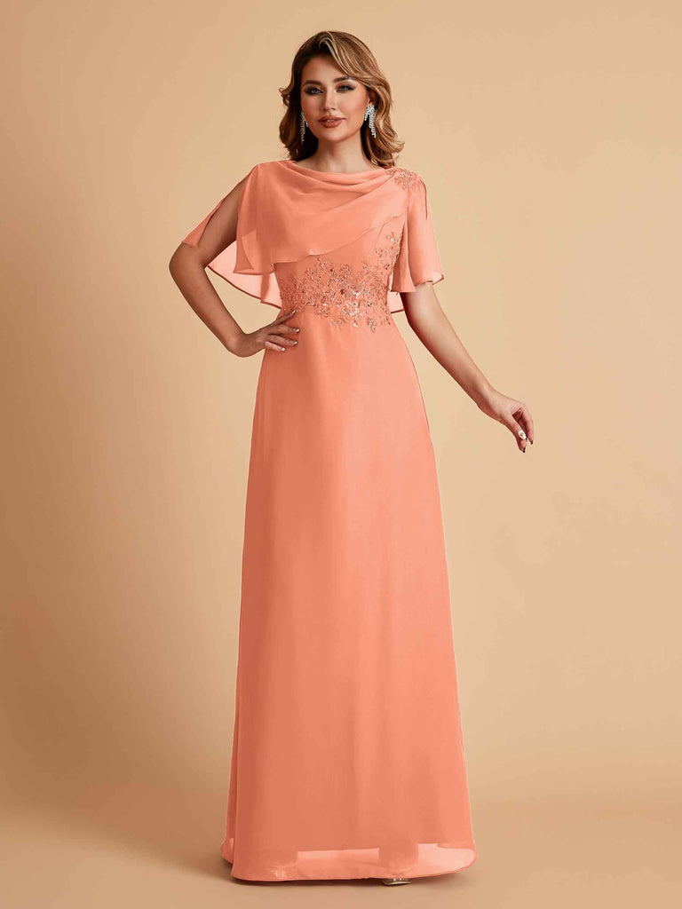 Robes de mère de la mariée en mousseline de soie manches mi-longues et bijoux
