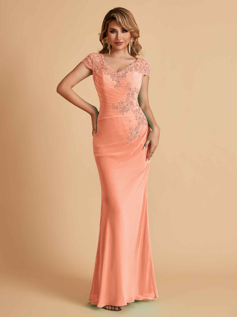 Robe de mère de la mariée col en V élégante en mousseline manches courtes
