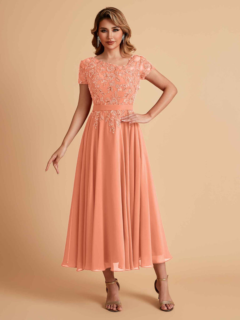 Robes de mère de la mariée coupe trapèze en mousseline à manches courtes