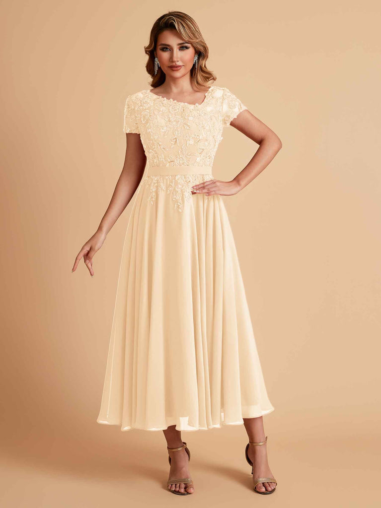 Robes de mère de la mariée coupe trapèze en mousseline à manches courtes